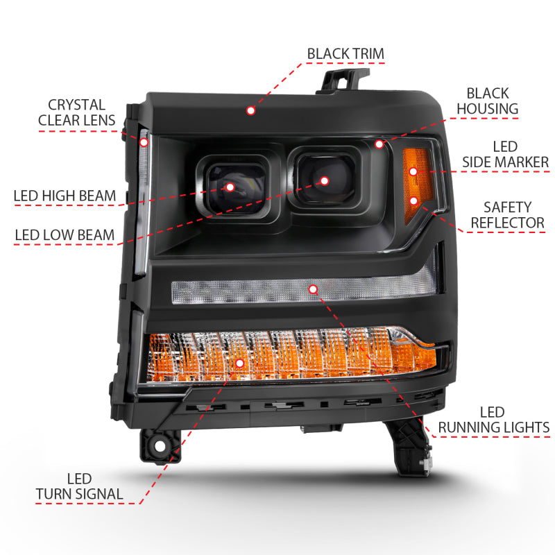 ANZO 16-18 Chevrolet Silverado 1500 LED Projector Headlights w/Plank Style Switchback Black w/ Amber